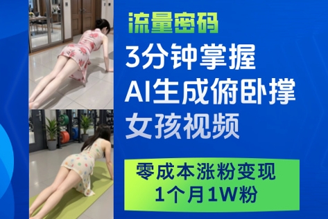 3分钟掌握AI生成俯卧撑女孩视频，零成本涨粉变现，1个月1W粉-心语项目网