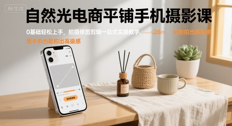 自然光电商平铺手机摄影课，0基础轻松上手，拍摄修图剪辑一站式实操教学，用手机也能拍出高级感-心语项目网