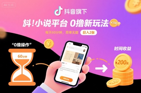 抖音旗下小说平台0撸新玩法，每天挂G60分钟，简单无脑，日入2张【揭秘】-心语项目网