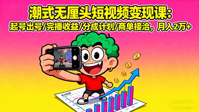潮式无厘头短视频变现课：起号出号/完播收益/分成计划/商单接洽，月入2万+-心语项目网
