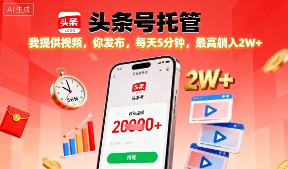 【头条号托管】我提供视频，你发布，每天5分钟，最高躺入2W+【揭秘】-心语项目网