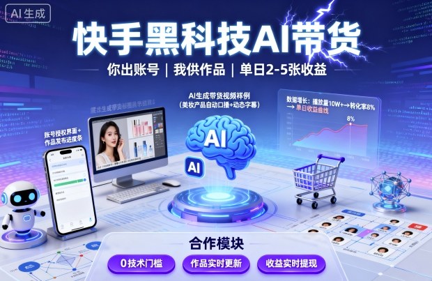 快手黑科技AI带货，你提供账号，我提供作品并发布，单日2-5张【揭秘】-心语项目网