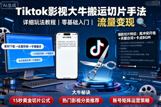 Tiktok影视大牛搬运切片手法，详细玩法教程-心语项目网