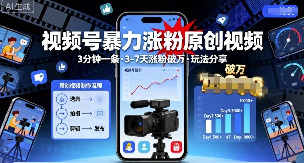 视频号暴力涨粉原创视频，3分钟一条原创视频，3-7天涨粉破万，玩法分享给你-心语项目网