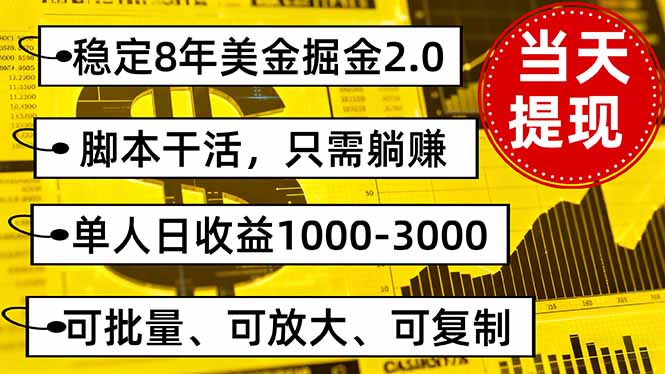 稳定8年美金掘金2.0脚本干活，只需躺赚。单人日收益1000-3000可批量、…-心语项目网