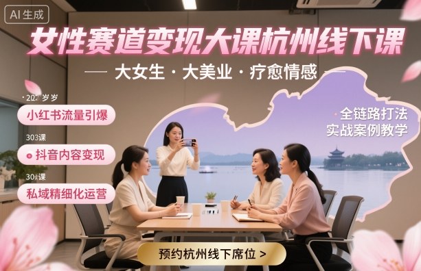女性赛道变现大课杭州线下，大女生，大美业，疗愈情感，一套小红书、抖音、私域全链路打法-心语项目网