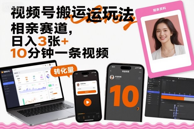 视频号搬运玩法，相亲赛道，日入3张+，10分钟一条视频-心语项目网
