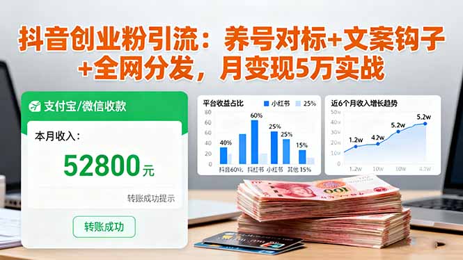 抖音创业粉引流：养号对标+文案钩子+全网分发，月变现5万实战-心语项目网