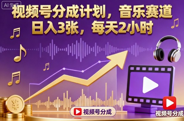 视频号分成计划，音乐赛道，日入3张，每天2小时-心语项目网