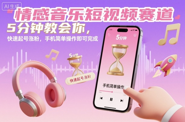 情感音乐短视频赛道，5分钟教会你，快速起号涨粉，手机简单操作即可完成-心语项目网
