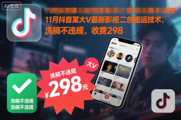 11月抖音某大V最新影视二创搬运技术，洗稿不违规，收费298-心语项目网