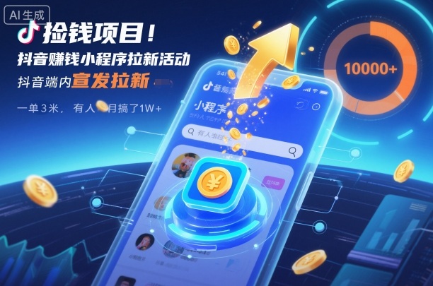捡钱项目！抖音賺钱小程序拉新活动，抖音端内宣发拉新，一单3米，有人半个月搞了1W+-心语项目网
