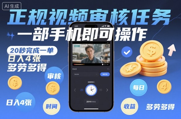 正规视频审核任务，一部手机即可操作，20秒完成一单，日入4张，多劳多得【揭秘】-心语项目网