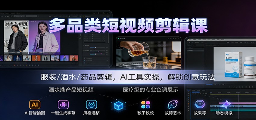 多品类短视频剪辑课：服装/酒水/药品剪辑，AI工具实操，解锁创意玩法-心语项目网