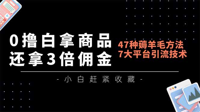 0撸白拿商品，还拿3倍佣金，47种薅羊毛方法，7大平台全方位引流技术教学，精专月入过万-心语项目网