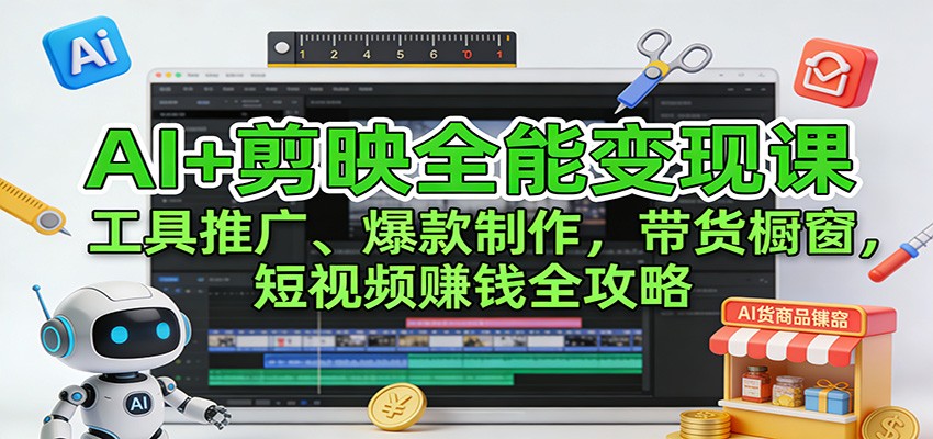 AI+剪映全能变现课：工具推广、爆款制作、带货橱窗，短视频赚钱全攻略-心语项目网