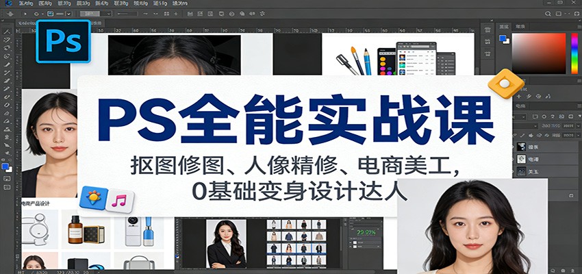 PS全能实战课：抠图修图、人像精修、电商美工，0基础变身设计达人-心语项目网