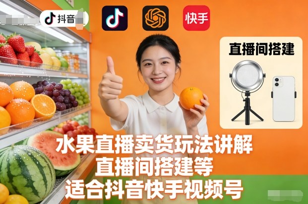 水果直播卖货玩法讲解、直播间搭建等，适合抖音快手视频号-心语项目网