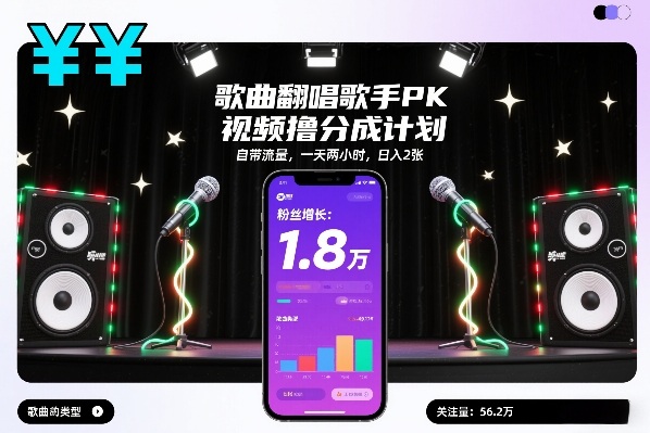 歌曲翻唱歌手PK视频撸分成计划，自带流量，一天两小时，日入2张-心语项目网