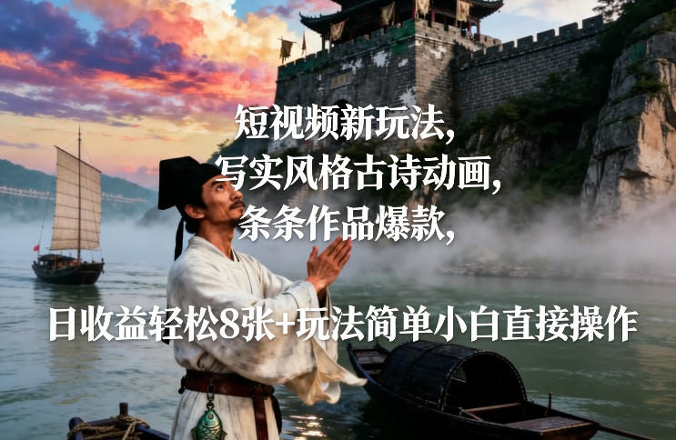 短视频新玩法，写实风格古诗动画，条条作品爆款，日收益轻松8张+玩法简单小白直接操作-心语项目网