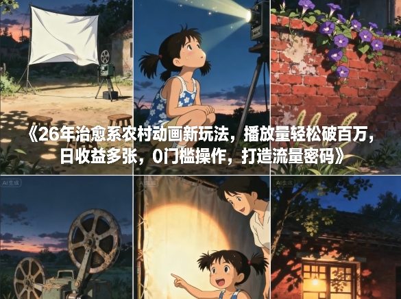 26年治愈系农村动画新玩法，播放量轻松破百万，日收益多张，0门槛操作，打造流量密码-心语项目网