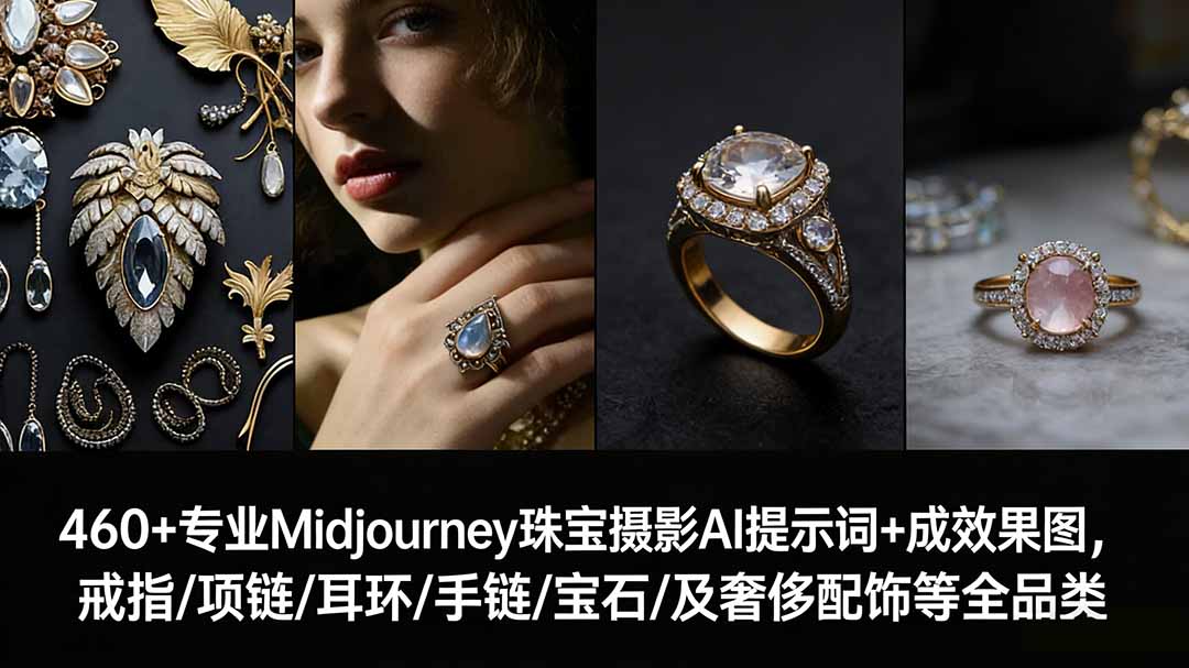 460+专业Midjourney珠宝摄影AI提示词+成效果图，戒指/项链/耳环/手链/宝石/及奢侈配饰等全品类-心语项目网