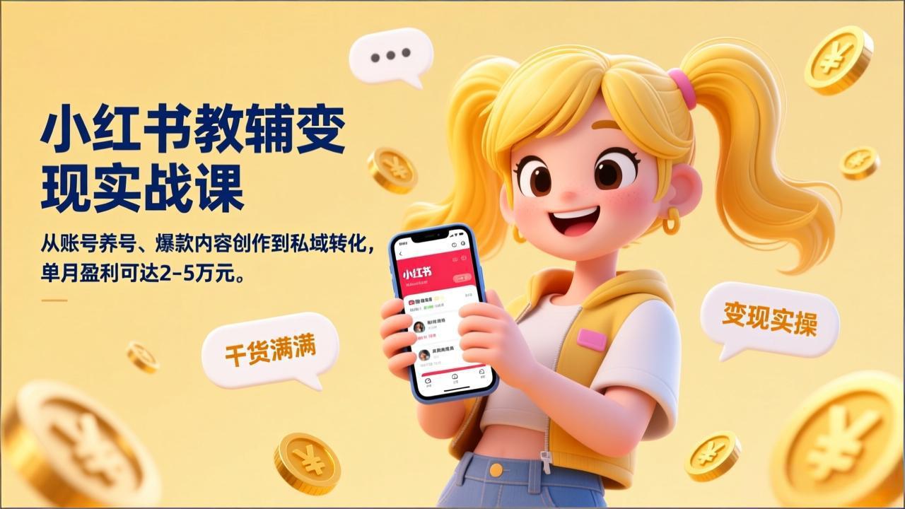 小红书教辅变现实战课，从账号养号、爆款内容创作到私域转化，单月盈利可达2-5万元-心语项目网