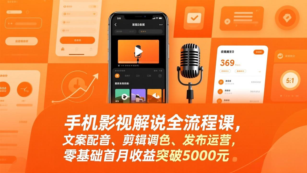 手机影视解说全流程课，文案配音、剪辑调色、发布运营，零基础首月收益突破5000元-心语项目网