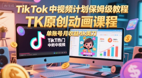 TikTok中视频计划保姆级教程，TK原创动画课程，单账号月收益4k美刀-心语项目网
