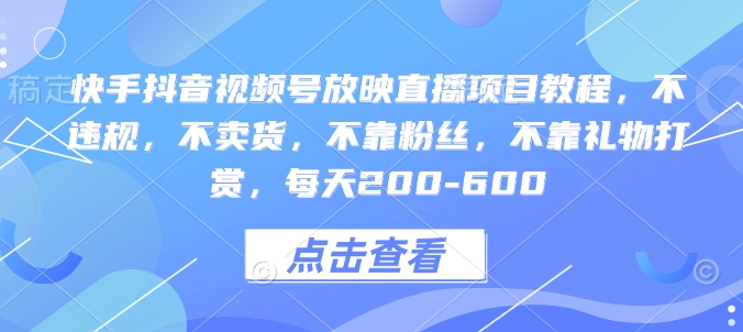 快手抖音视频号放映直播项目教程，不违规，不卖货，不靠粉丝，不靠礼物打赏，每天200-600-心语项目网