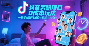 抖音男粉项目0成本玩法，一部手机即可操作，日均4张+，时间自由-心语项目网