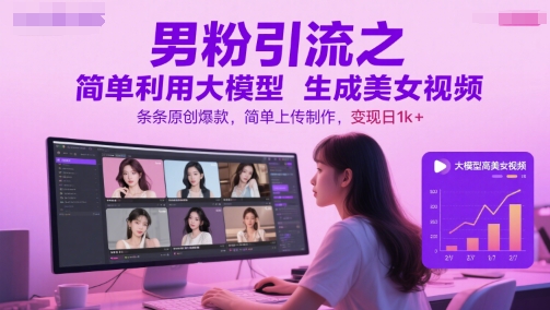 男粉引流之简单利用大模型生成美女视频，条条原创爆款，简单上传制作，变现日1k+-心语项目网