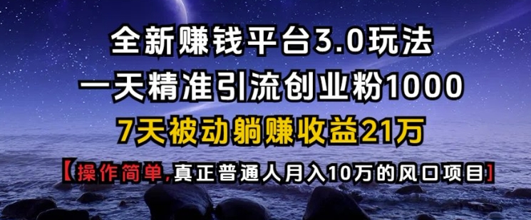 全新赚钱平台3.0玩法一天精准引流创业粉1000.7天被动躺Z收益21W【仅揭秘】-心语项目网