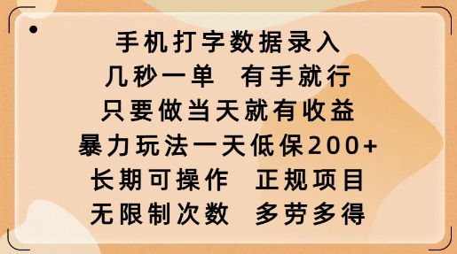 手机打字数据录入，几秒一单，有手就行，只要做当天就有收益，暴力玩法一天低保2张-心语项目网