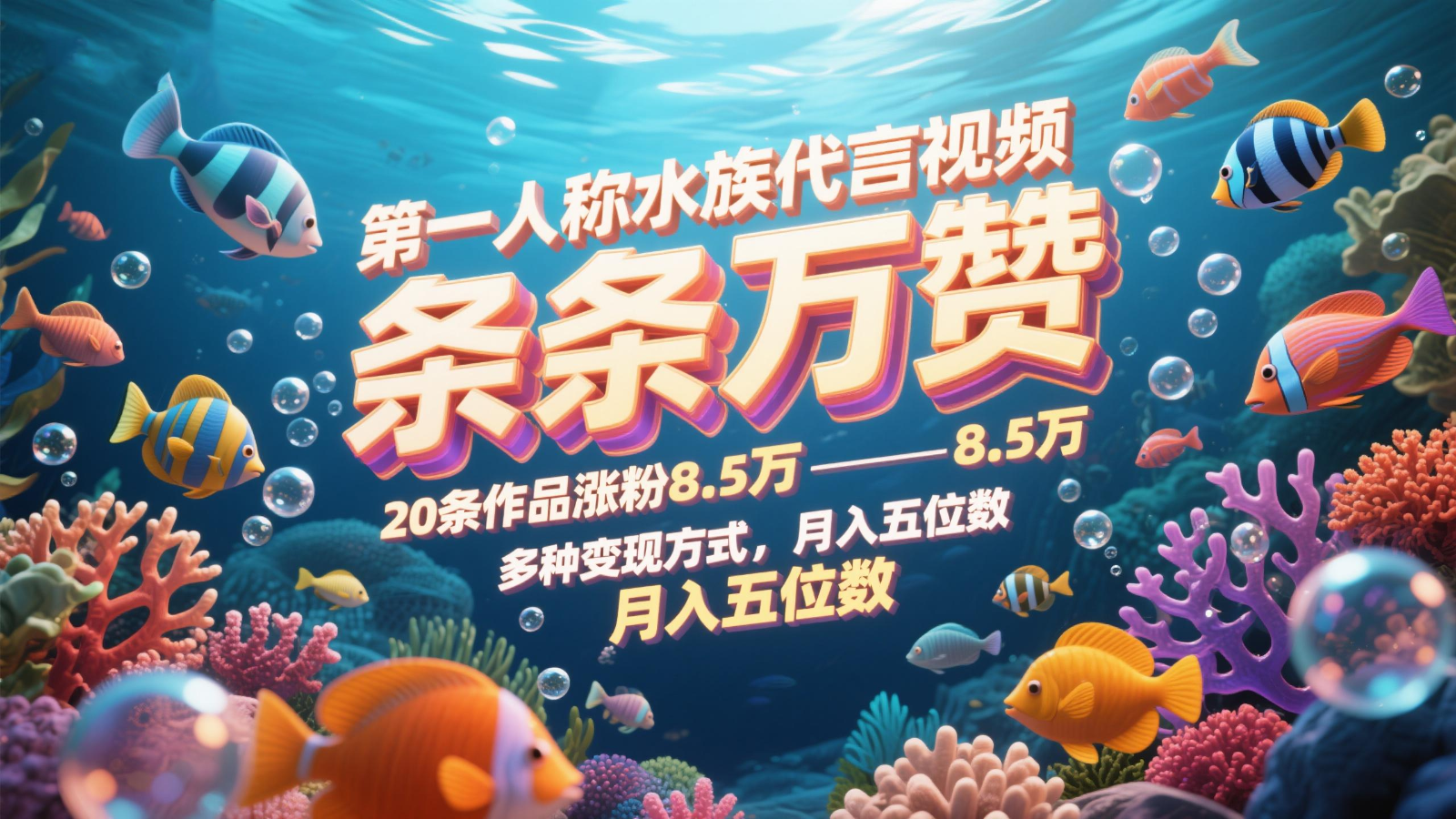 第一人称水族代言视频,条条万赞,20条作品涨粉8.5万,多种变现方式月,入五位数-心语项目网