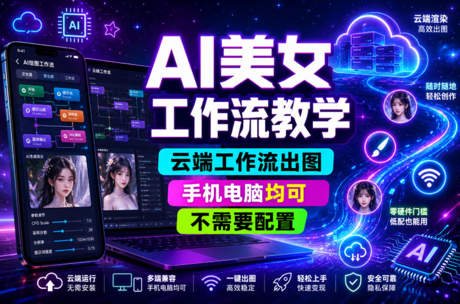 AI美女工作流教学，云端工作流出图，手机电脑均可，不需要配置，快速起号涨粉-心语项目网
