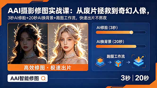 AI摄影修图实战课:从废片拯救 到 奇幻人像,3秒AI修脸+20秒AI换背景+跑图工作流,快速出片不熬夜-心语项目网
