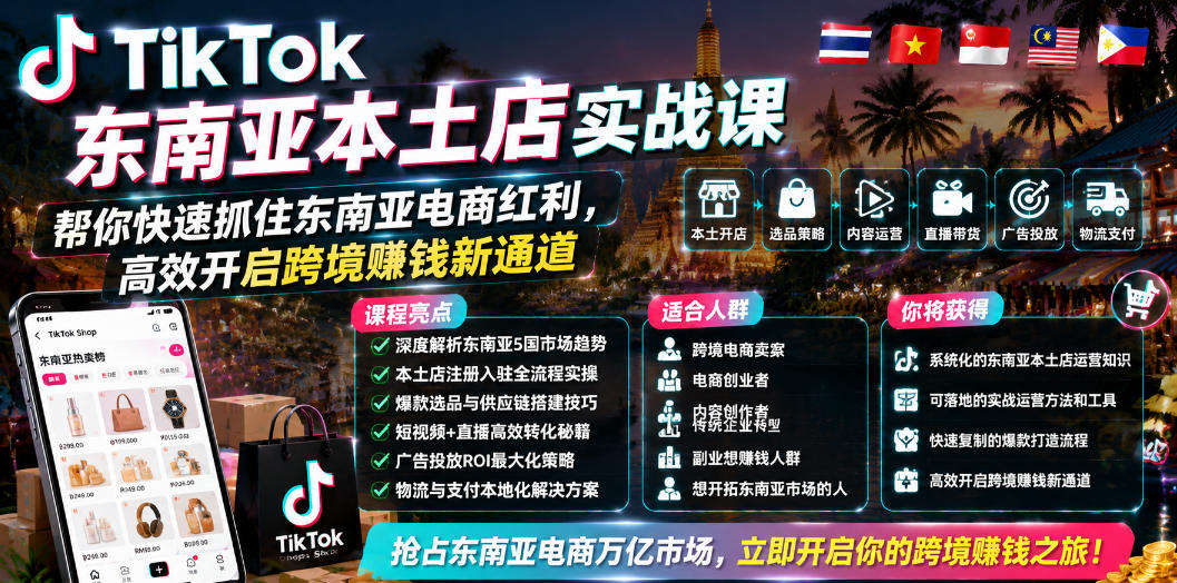 TikTok东南亚本土店实战课，帮你快速抓住东南亚电商红利，高效开启跨境賺钱新通道-心语项目网