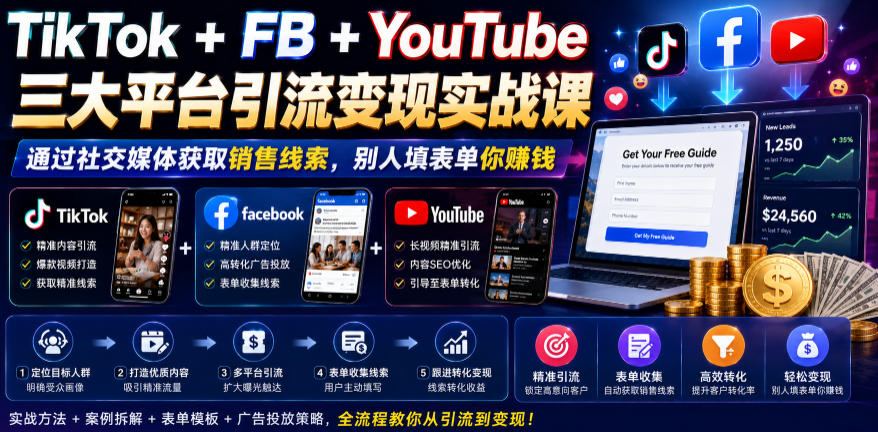 TikTok+FB+YouTube三大平台引流变现实战课,通过社交媒体获取销售线索,别人填表单你賺钱【原创双语字幕】-心语项目网