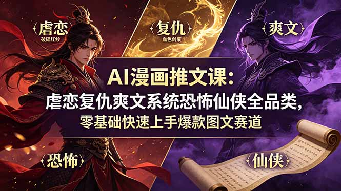 AI漫画推文课：虐恋复仇爽文系统恐怖仙侠全品类，零基础快速上手爆款图文赛道-心语项目网