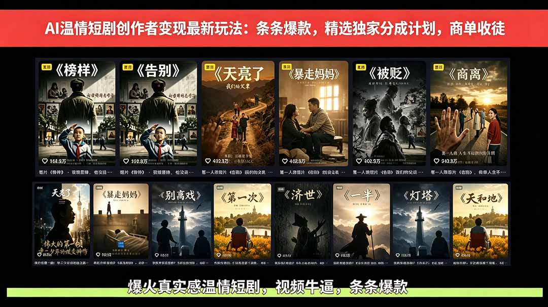 AI温情短剧创作者变现最新玩法：视频牛逼，条条爆款，精选独家分成计划，商单收徒-心语项目网