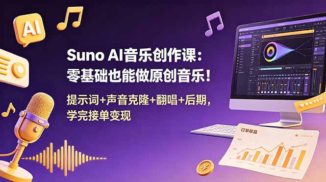 Suno AI音乐创作课：零基础也能做原创音乐！提示词+声音克隆+翻唱+后期，学完接单变现-心语项目网