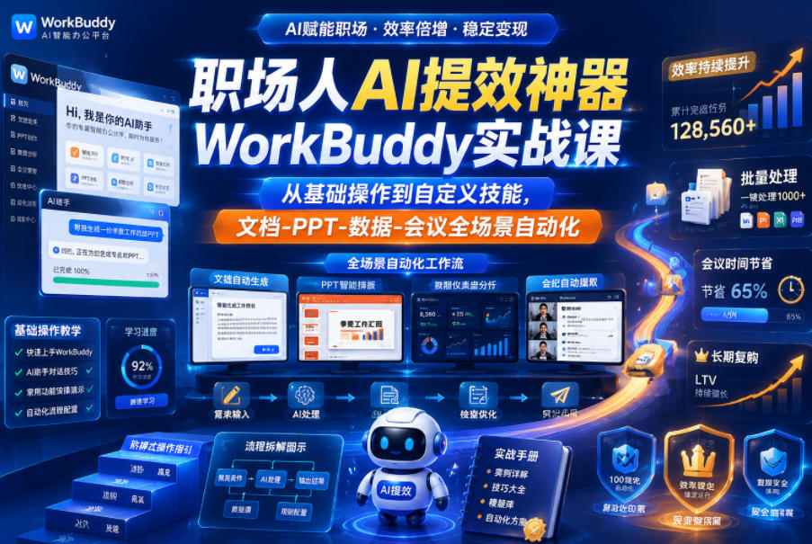 职场人AI提效神器WorkBuddy实战课,从基础操作到自定义技能,文档-PPT-数据-会议全场景自动化-心语项目网
