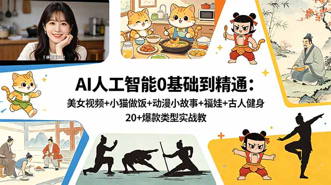 AI人工智能0基础到精通:美女视频+小猫做饭+动漫小故事+福娃+古人健身,20+爆款类型实战教学-心语项目网