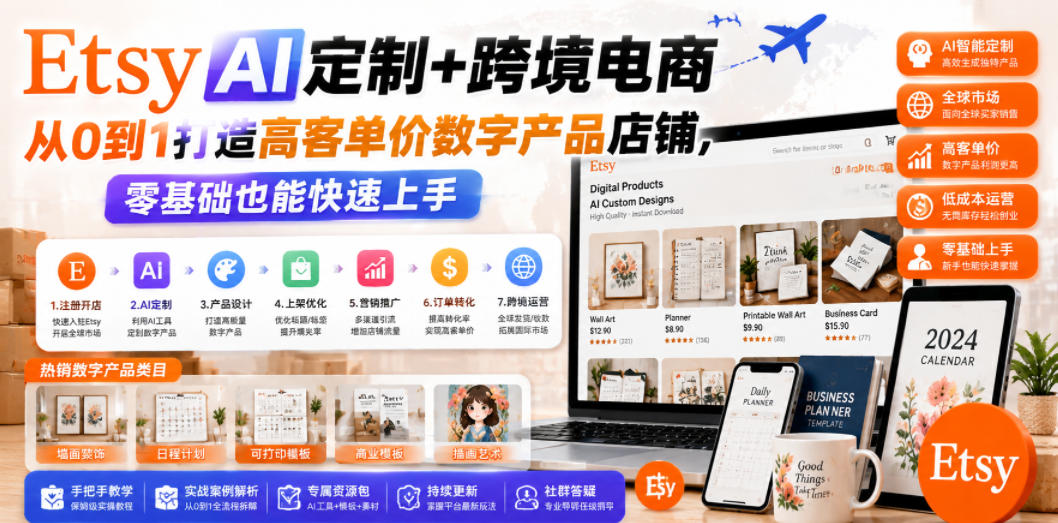 Etsy AI定制+跨境电商，从0到1打造高客单价数字产品店铺，零基础也能快速上手-心语项目网
