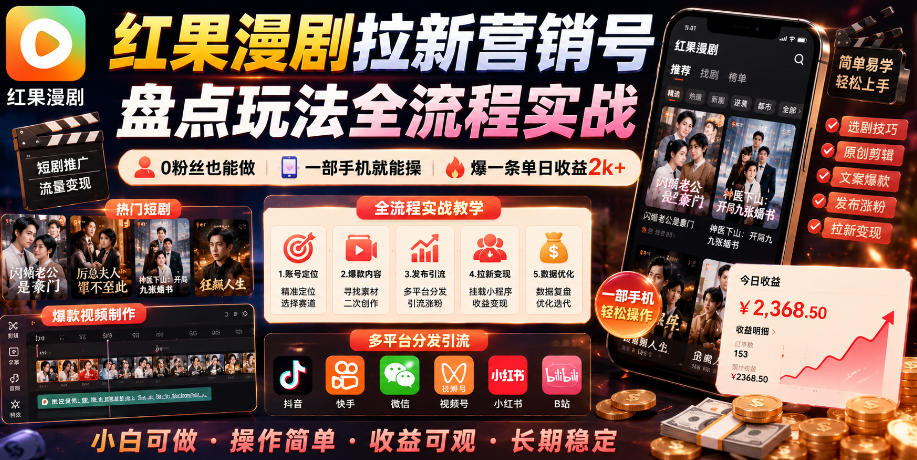 红果漫剧拉新营销号盘点玩法全流程实战，0粉丝也能做，一部手机就能做，爆一条单日收益2k+-心语项目网