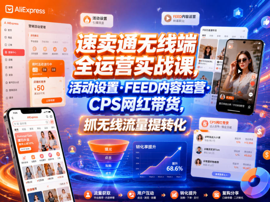 速卖通无线端全运营实战课，活动设置・FEED内容运营・CPS网红带货，抓无线流量提转化-心语项目网