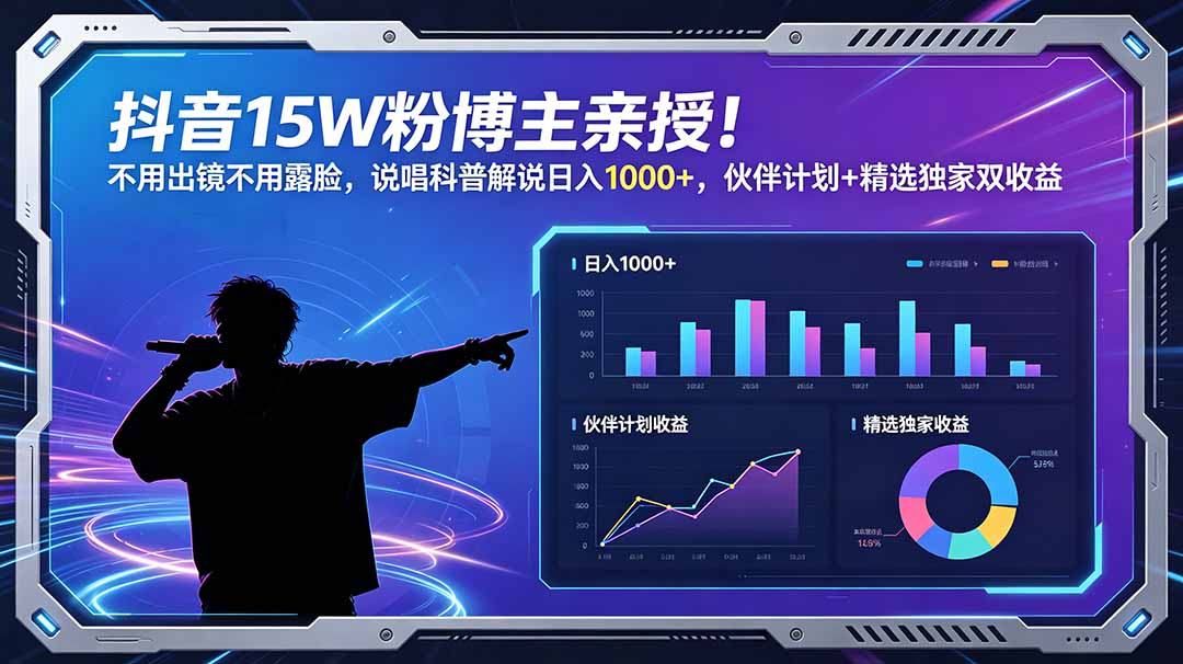 抖音15W粉博主亲授!不用出镜不用露脸,说唱科普解说日入1000+,伙伴计划+精选独家双收益-心语项目网