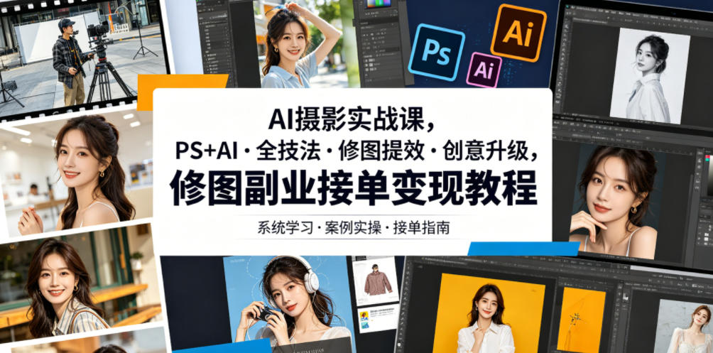 AI摄影实战课，PS+AI・全技法・修图提效・创意升级，修图副业接单变现教程-心语项目网