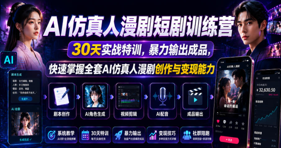AI仿真人漫剧短剧训练营，30天实战特训，暴力输出成品，快速掌握全套AI仿真人漫剧创作与变现能力-心语项目网